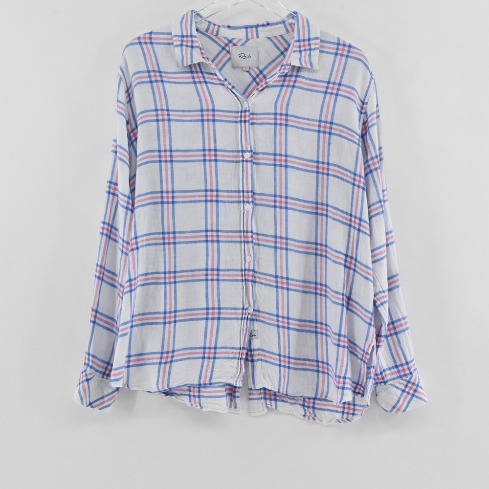 Rails Sydney Plaid Linen Top Womens Size L White Blue Pink Button Western Shirt